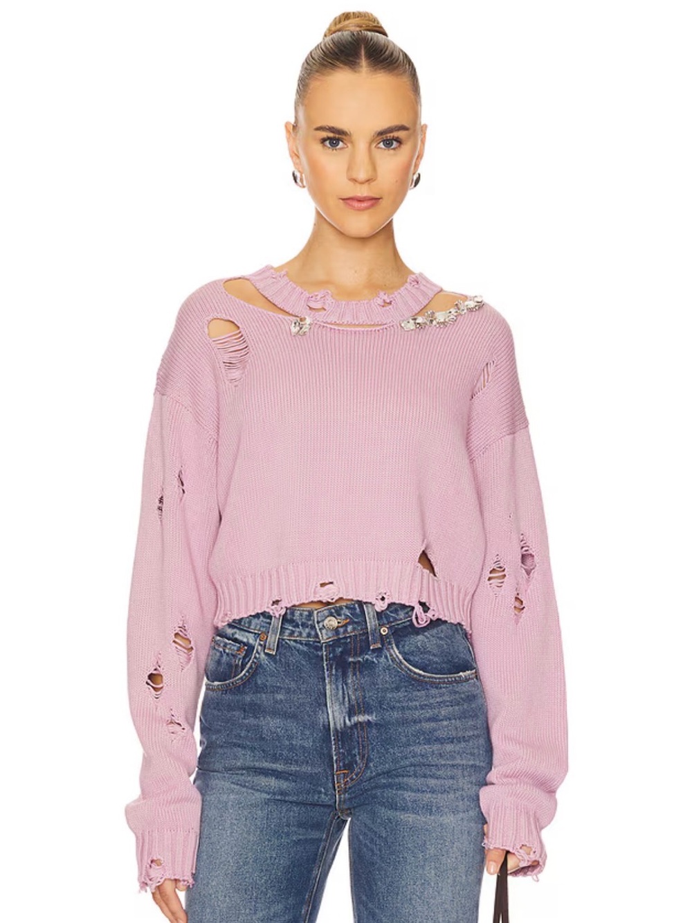 NWT AREA Distressed crystal sweater